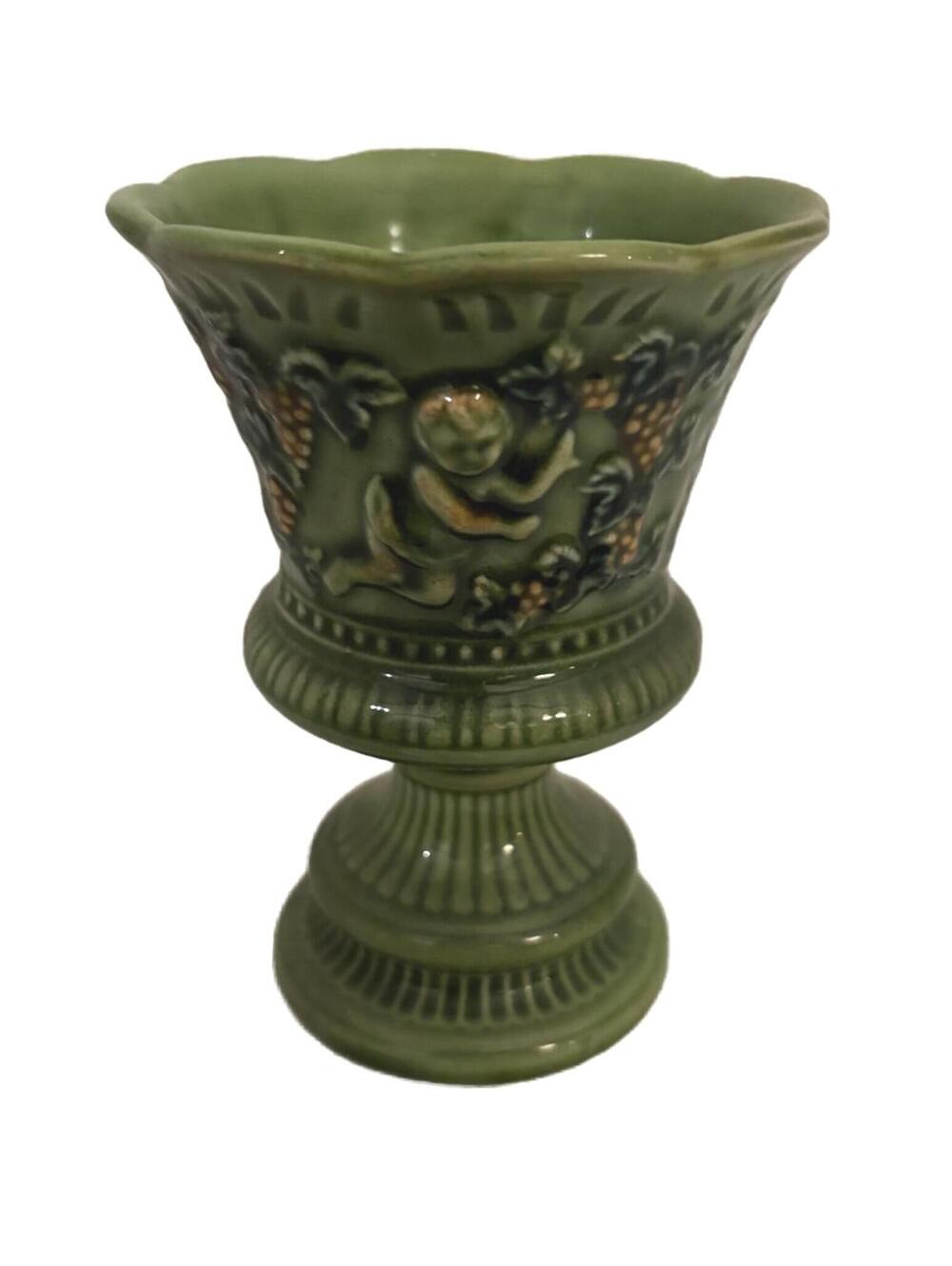 Green Ceramic Cherub Pedestal Compote Vase by Lefton